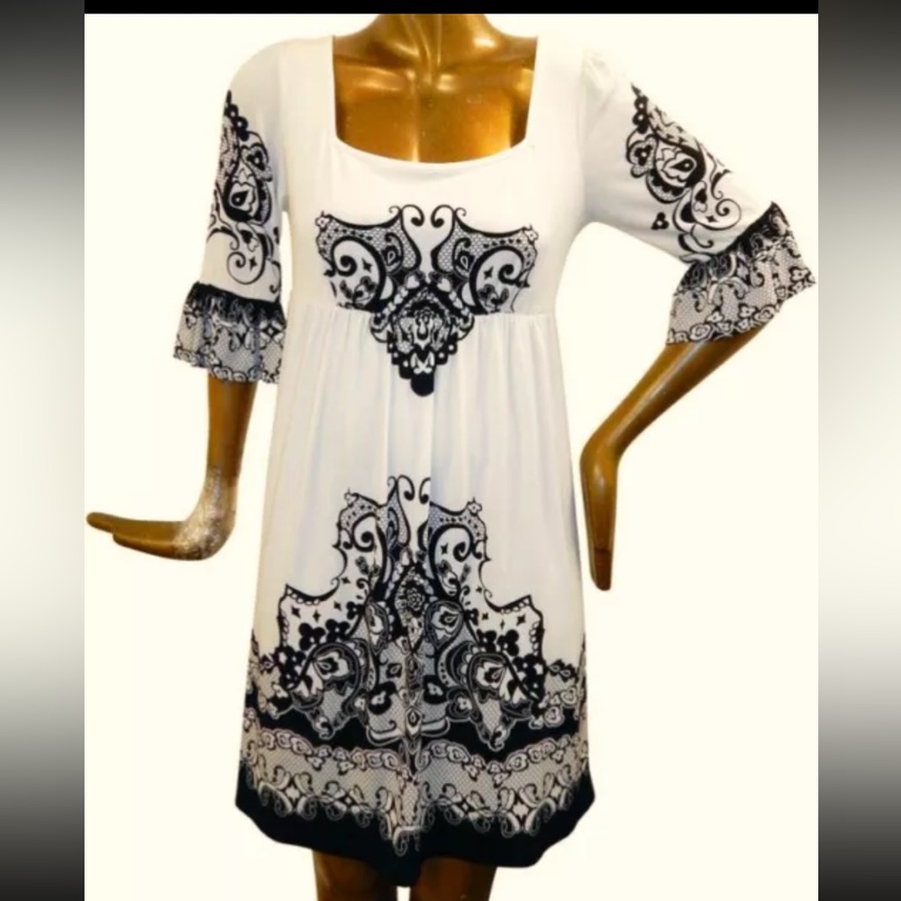 Eci New York flare sleeve bohemian empire hobo boho dress black cream stretch 14